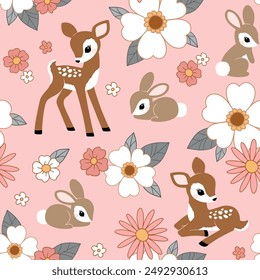 Seamless vector pattern with hand drawn cute vintage deer, rabbit and flowers. Retro floral background. Perfect for textile, wallpaper or nursery print design.