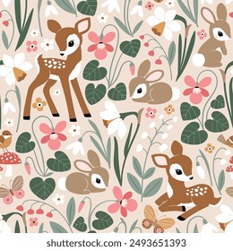 Seamless vector pattern with hand drawn cute vintage deer, rabbit and flowers. Retro floral background. Perfect for textile, wallpaper or nursery print design.