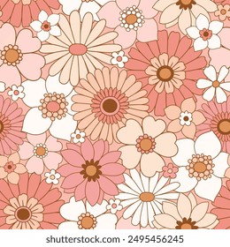 Patrón de Vector sin costuras con flores vintage decorativas dibujadas a mano. Fondo floral retro groovy. Perfecto para el diseño textil, de Fondo de pantalla o de impresión.