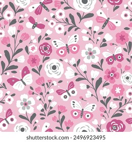 Seamless vector pattern with hand drawn flowers and butterflies. Perfect for textile, wallpaper or print design.