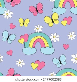 Seamless vector pattern with hand drawn Rainbows and Butterfly Trendy kids print for fabric textile 
