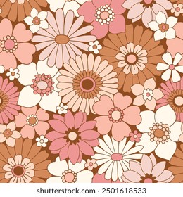 Seamless vector pattern with hand drawn decorative vintage flowers. Retro groovy floral background. Perfect for textile, wallpaper or print design.