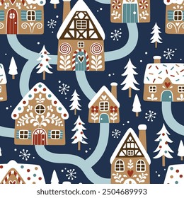 Seamless vector pattern with hand drawn gingerbread houses and Christmas trees. Snowy landscape with winter village. Perfect for textile, wallpaper or print design.