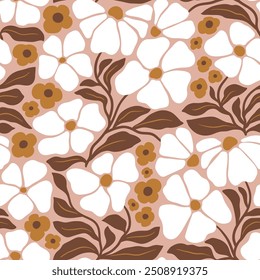 Seamless vector pattern with hand drawn groovy vintage flowers. Perfect for textile, wallpaper or print design.