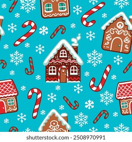 Seamless vector pattern with hand drawn gingerbread houses and Christmas trees. Snowy landscape with winter village. Perfect for textile, wallpaper or print design.