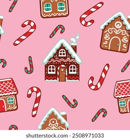 Patrón de Vector sin fisuras con casas de jengibre dibujadas a mano y árboles de Navidad. Paisaje nevado con pueblo de invierno. Perfecto para el diseño textil, Fondo de pantalla o estampado.