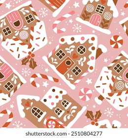 Seamless vector pattern with hand drawn gingerbread houses and Christmas trees. Snowy landscape with winter village. Perfect for textile, wallpaper or print design.