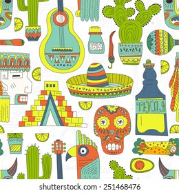 Seamless vector pattern with hand drawn mexican elements - guitar, sombrero, tequila, taco, skull, aztec mask, music instruments. Artistic background for your design. Travel to Mexico texture. 