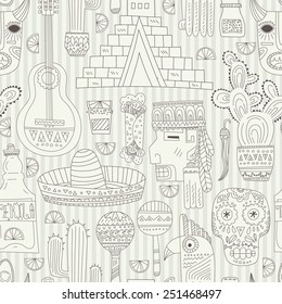 Seamless vector pattern with hand drawn mexican elements - guitar, sombrero, tequila, taco, skull, aztec mask, music instruments. Artistic background for your design. Travel to Mexico texture. 