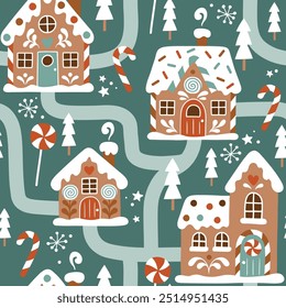 Seamless vector pattern with hand drawn gingerbread houses and Christmas trees. Snowy landscape with winter village. Perfect for textile, wallpaper or print design.