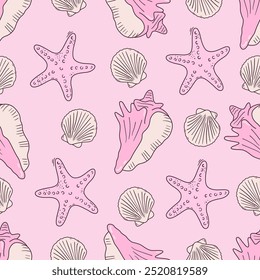 Seamless vector pattern with hand drawn sea shells and starfish. Outline marine drawings on pink background. Sketch silhouettes of seashore elements