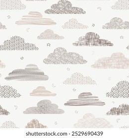 Seamless vector pattern hand drawn textured cloud shapes warm beige and cream white baby nursery