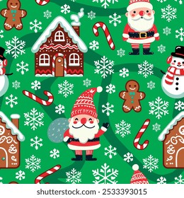 Seamless vector pattern with hand drawn gingerbread houses and Christmas gnomes and Santa character. Snowy landscape with winter village. Perfect for textile, wallpaper or print design.