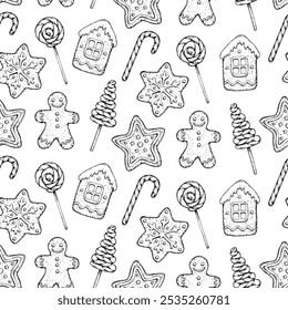 Seamless vector pattern of hand drawn Christmas cookies, lollipops, candy canes. Gingerbread man, stars, holiday house, snowflakes for confectionery packaging, festive designs, wrapping paper, textile