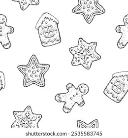 Seamless vector pattern of hand drawn Christmas cookies, lollipops, candy canes. Gingerbread man, stars, holiday house, snowflakes for confectionery packaging, festive designs, wrapping paper, textile