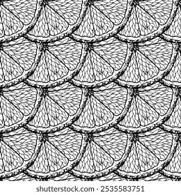 Seamless vector pattern of hand drawn citrus slices. Perfect for summer designs, kitchen decor, food packaging or fruit inspired projects, Christmas wrapping paper and farm goods packaging.