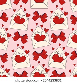 Seamless vector pattern with hand drawn envelope, bows and red hearts. Love letter doodle background. Romantic texture for valentine day and wedding