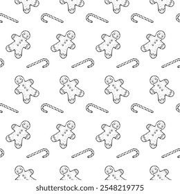 Seamless vector pattern with hand drawn gingerbread men and lollipops, candy cane. Christmas festive black and white design, perfect for wrapping paper, textile, backgrounds, holiday decorations