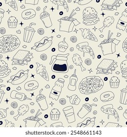 Seamless vector pattern with hand drawn fast food doodle vector silhouettes. Outline vector wallpaper for cafe or diner. Background with snacks and drinks