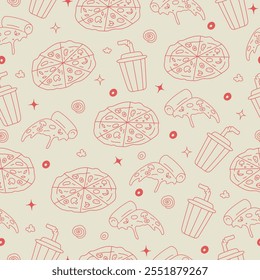 Padrão de vetor sem costura com pizza desenhada à mão e fatias de pizza rabiscar silhuetas vetoriais. Papel de parede vetor contorno vermelho para café ou jantar. Fundo com fast food e bebidas