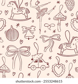 Seamless vector pattern with hand drawn vintage christmas tree decorations. New year toys in coquette style. Contemporary line art winter background. Texture for wallpaper, wrapping paper, textile