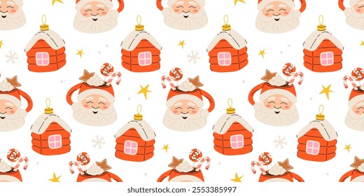 Seamless vector pattern with hand drawn santa mug of hot cocoa and Christmas tree toy house. Flat cartoon winter background Perfect for textile, wallpaper or print design.