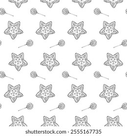 Seamless vector pattern with hand drawn gingerbread stars and lollipops. Christmas festive black and white sweets design, perfect for wrapping paper, textile, backgrounds, holiday decorations