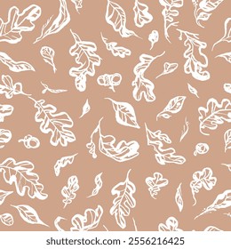 
Seamless vector pattern of hand drawn brush white leaves and acorns on beige background.