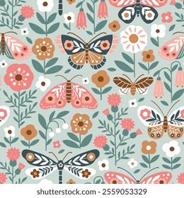 Seamless vector pattern with hand drawn butterfly, dragonfly on floral background. Modern boho floral illustration. Perfect for textile, wallpaper or nursery print design. EPS10 vector file.