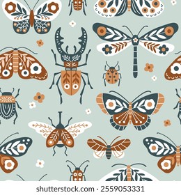 Seamless vector pattern with hand drawn butterfly, moth, dragonfly, ladybug and stag beetle. Cute patterned insect illustration. Perfect for textile, wallpaper or print design. EPS10 vector file.