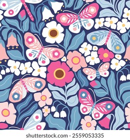 Seamless vector pattern with hand drawn butterfly, dragonfly on floral background. Modern boho floral illustration. Perfect for textile, wallpaper or nursery print design. EPS10 vector file.