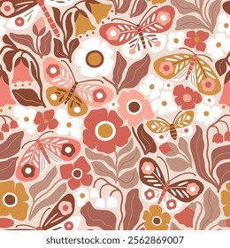 Seamless vector pattern with hand drawn butterfly, dragonfly on floral background. Modern boho floral illustration. Perfect for textile, wallpaper or nursery print design. EPS10 vector file.