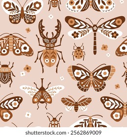 Seamless vector pattern with hand drawn butterfly, moth, dragonfly, ladybug and stag beetle. Cute patterned insect illustration. Perfect for textile, wallpaper or print design. EPS10 vector file.