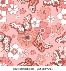 Seamless vector pattern with hand drawn butterfly on boho floral background. Retro floral bloom pattern. Perfect for textile, wallpaper or nursery print design. EPS10 vector file.