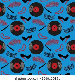 Seamless vector pattern of hand drawn black and red retro objects