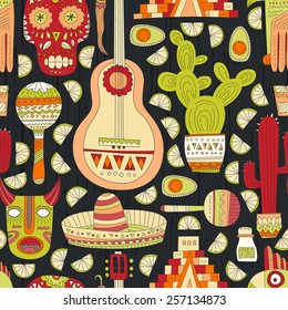 Seamless vector pattern with hand drawn mexican elements - guitar, sombrero, tequila, taco, skull, aztec mask, music instruments. Perfect artistic background for your design. 