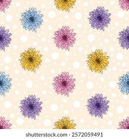 Seamless vector pattern with hand drawn blue, pink, yellow, and purple chrysantemums on beige background with white dots. Beautiful floral texture.