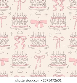 Seamless vector pattern with hand drawn line art cake with candles and bows. Background with dessert for valentine day, birthday, wedding. Vintage scribble wallpaper, wrapping paper, textile design