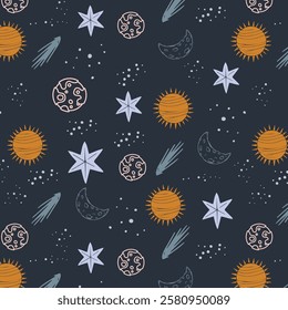 Seamless vector pattern with hand drawn planets, stars and comets.