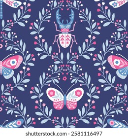 Seamless vector pattern with hand drawn butterfly, dragonfly and stag beetle in floral wreath. Cute patterned insect illustration. Perfect for textile, wallpaper or print design. EPS10 vector file.