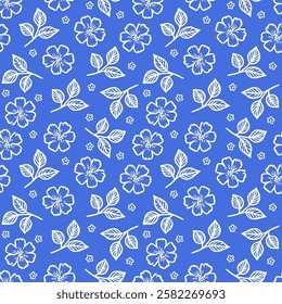 Seamless vector pattern with hand drawn flowers and leaves. Decorative botanical design for textile, fabric, wallpaper, covers, wrapping paper and other surfaces.