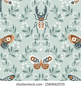 Seamless vector pattern with hand drawn butterfly, dragonfly and stag beetle in floral wreath. Cute patterned insect illustration. Perfect for textile, wallpaper or print design. EPS10 vector file.