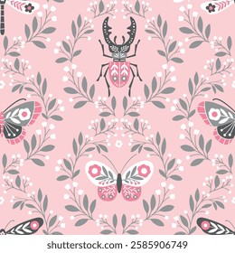 Seamless vector pattern with hand drawn butterfly, dragonfly and stag beetle in floral wreath. Cute patterned insect illustration. Perfect for textile, wallpaper or print design. EPS10 vector file.