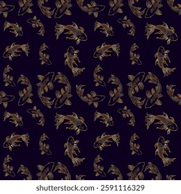 Seamless vector pattern with hand drawn golden koi fish on black background. luxurious design element. Perfect for wallpapers, backdrop, fabric, surface textures, textile, print.