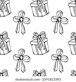 Seamless vector pattern. Hand drawn ribbon bows and gift box. Doodle style. Design for wrapping paper, backgrounds, wallpapers.