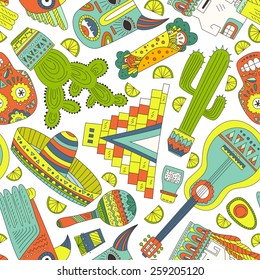 Seamless vector pattern with hand drawn mexican elements - guitar, sombrero, tequila, taco, skull, aztec mask, music instruments. Perfect background for your design. Travel to Mexico texture. 