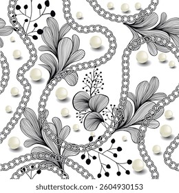 Seamless vector pattern with hand drawn black floral line art decorative chains and 3D pearls on a white background. Stylish and elegant design perfect for luxury fashion, textile prints, wallpaper.