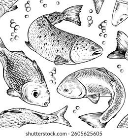 Seamless vector pattern of hand drawn fish swimming in various directions. This black and white vintage style illustration captures a dynamic underwater scene, for textiles, packaging and backgrounds