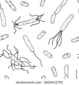 Seamless vector pattern of hand drawn bacteria, microbes and cells in black and white. Ideal for medical, biological, and biotechnology designs, infection prevention, and scientific illustrations