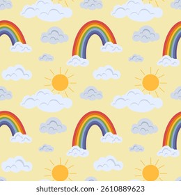 Seamless vector pattern with hand drawn rainbows, clouds and sun. Trendy baby texture print for fabric, textile, wallpaper, apparel, wrapping